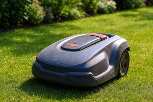 Mähroboter auf gepflegtem Rasen