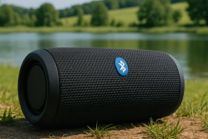 Bluetooth-Lautsprecher auf grüner Wiese vor See