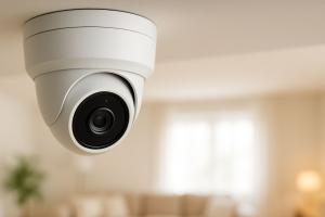 Überwachungskamera hängt an Decke eines Wohnzimmers