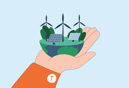 In einer Hand liegt eine halbe Weltkugel, auf der sich Solarzellen, Windräder und Pflanzen befinden.